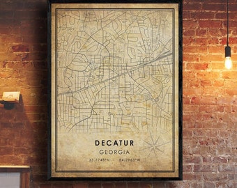 Decatur Vintage Map Print | Decatur Georgia Map | Georgia Map Art | Decatur Georgia Road Map Poster | Vintage Gift Map