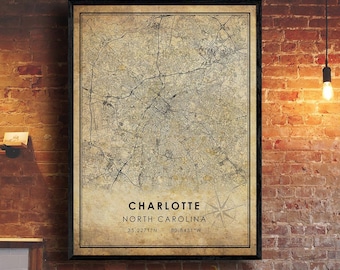 Charlotte Vintage Map Print | Charlotte Map | North Carolina Map Art | Charlotte City Road Map Poster | Vintage