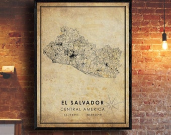 El Salvador Vintage Map Print | El Salvador Map | Central America Map Art | El Salvador City Road Map Poster | Vintage Gift Map