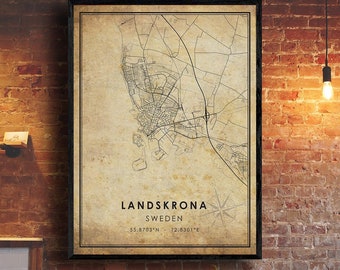 Landskrona Vintage Map Print | Landskrona Map | Sweden Map Art | Landskrona City Road Map Poster | Vintage Gift Map