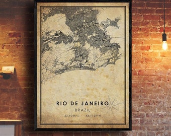 Rio De Janeiro Map Print | Rio De Janeiro Map | Brazil Map Art | Rio De Janeiro City Road Map Poster | Vintage Gift Map