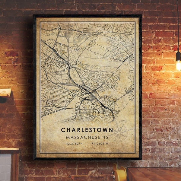 Charlestown Vintage Map Print | Charlestown Map | Massachusetts Map Art | Charlestown City Road Map Poster | Vintage Gift Map