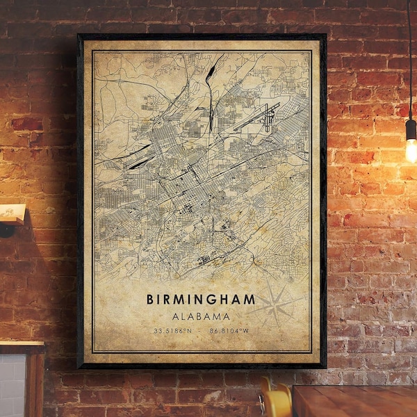 Birmingham Vintage Map Print | Birmingham Map | Alabama Map | Birmingham City Road Map Poster | Vintage Gift Map