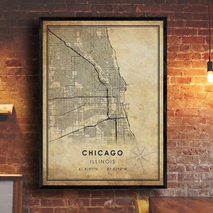 Impression de carte vintage de Chicago | Carte de Chicago | Art de la carte de l’Illinois | Affiche de la carte routière de la ville de Chicago | carte cadeau vintage