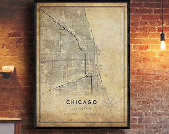 Impression de carte vintage de Chicago | Carte de Chicago | Art de la carte de l’Illinois | Affiche de la carte routière de la ville de Chicago | carte cadeau vintage