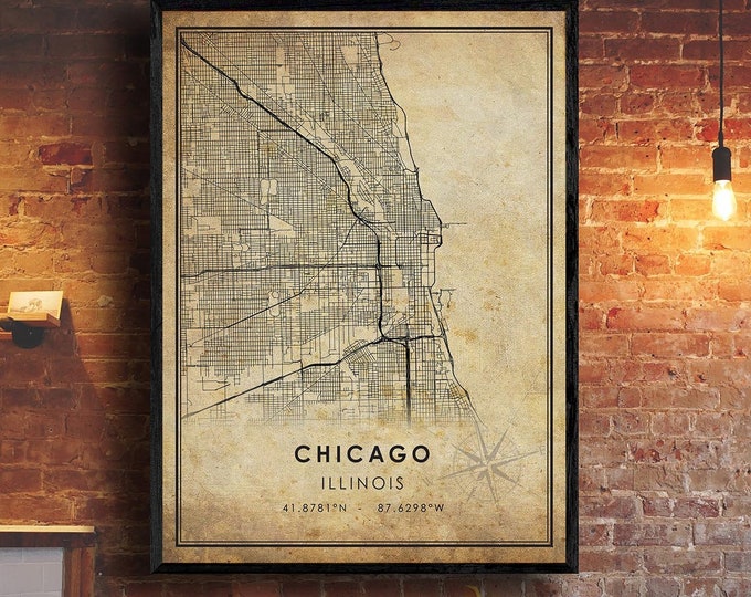 Vintage Chicago Wall Art 1930s Chicago, Illinois Map Antique City Map Print in Black and White