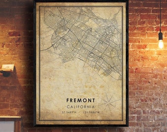 Fremont Vintage Map Print | Fremont Map | California Map Art | Fremont City Road Map Poster | Vintage Gift Map