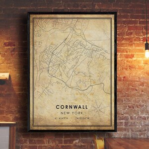 Impression de carte vintage de Cornouailles | Carte des Cornouailles | Art de la carte de New York | Affiche de la carte routière de la ville de Cornwall | carte cadeau vintage