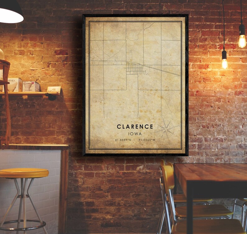 Clarence Vintage Map Print Clarence City Road Map Poster Canvas Clarence Iowa Map