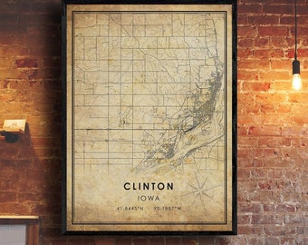 Clinton Vintage Map Print | Clinton Map | Iowa Map Art | Cleburne City Road Map Poster | Vintage Gift Map