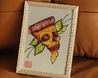 Stampa artistica Teschio Pizza / Decorazione murale gotica / Illustrazione digitale tatuaggio / Decorazione cucina gotica / Arte horror