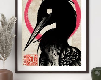 Stampa artistica di un airone scuro / Decorazione gotica di ispirazione giapponese, illustrazione dettagliata / Pittura Sumi-E disegnata digitalmente