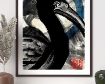 Stampa artistica di un ibis scuro / Illustrazione Sumi-E gotica di ispirazione giapponese