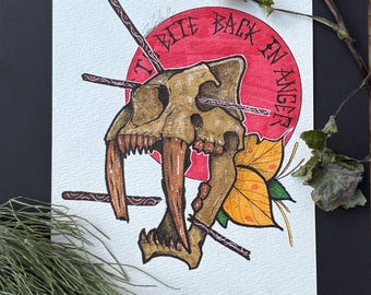 Stampa artistica del teschio di Smilodon / Illustrazione fossile di tigre dai denti a sciabola / Decorazione artistica paleo