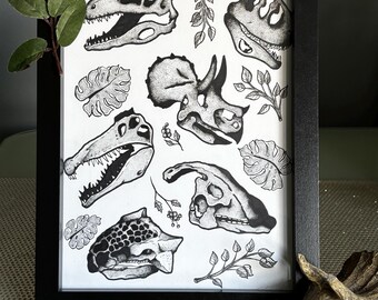 Stampa artistica di un teschio di dinosauro / Illustrazione botanica di un fossile, arte paleo in bianco e nero