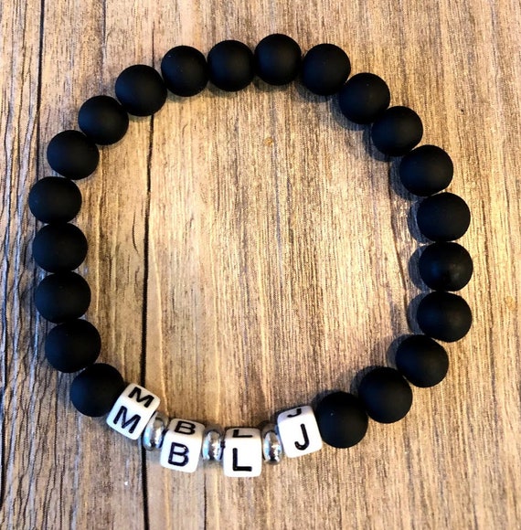 Personalized Men s Round Black Bead Stretch Bracelet
