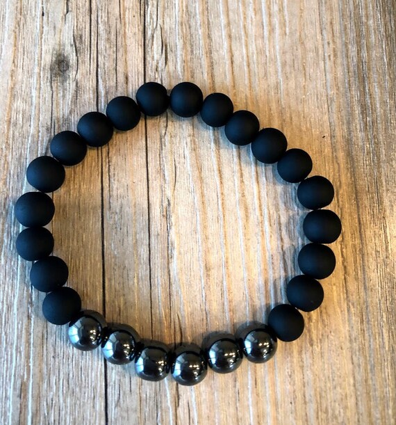 Men s Matte Black and Hematite Beaded Stretch Bracelet