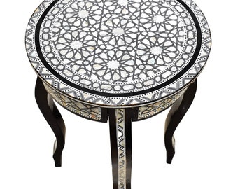 Mother of Pearl Moroccan Side Corner table Wood Round End Coffee Brown Table for living room Egyptian handmade