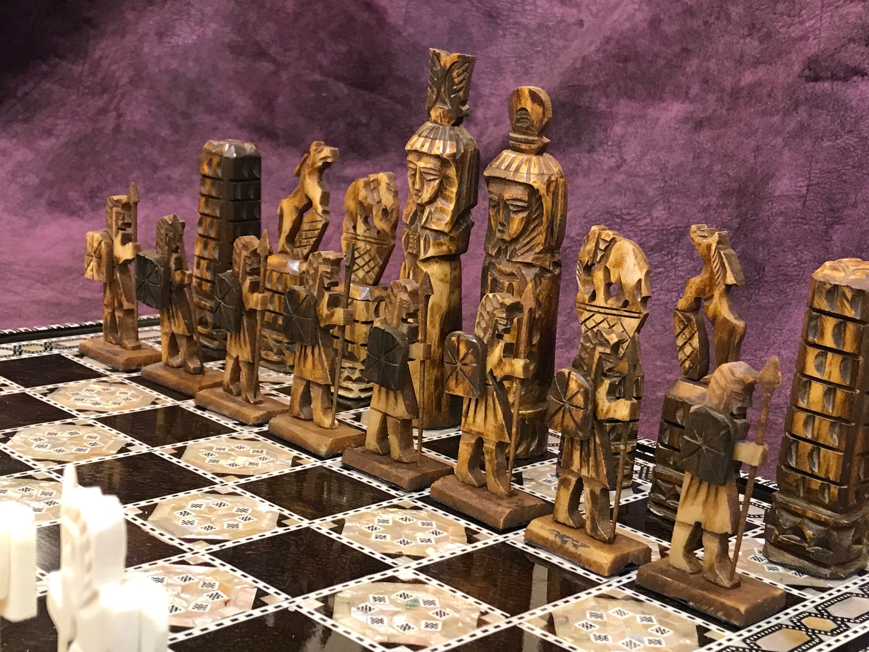 Jeu D'échecs Artisanal - Pièces En Os (chameau?), Plateau Nacre Et Os 35x35cm, Égypte