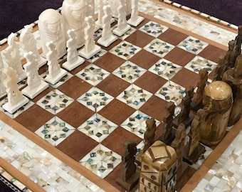 Egyptian Chess,handcraft Pieces Carved Camel Bone with inlaid mother of pearl board