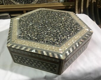 Egyptian Wood Jewelry Box Inlaid Mother of Pearl Handmade 13.6 x 13.6 x 3.6 inch