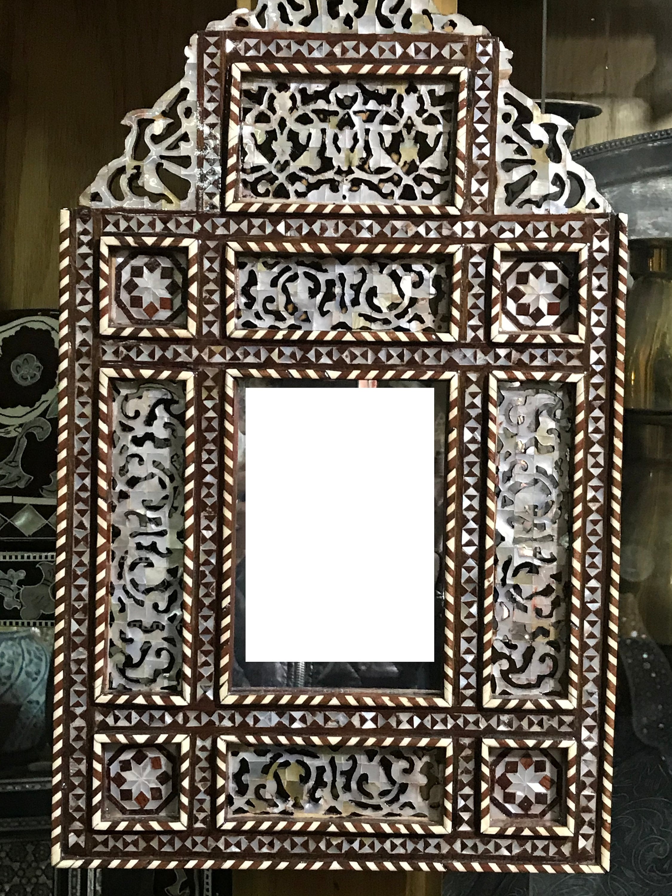 Handmade Wall Mounted Mirror Wood Frame Inlaid Mother Of Pearl 18"
