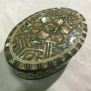 Egyptian Wood Jewelry Box Inlaid Mother of Pearl Handmade 7.4 x 4.8 x 2 inches