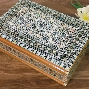 M05 Egyptian Wood Jewelry Box Inlaid mother of Pearl inside Handmade 8.8&quot;