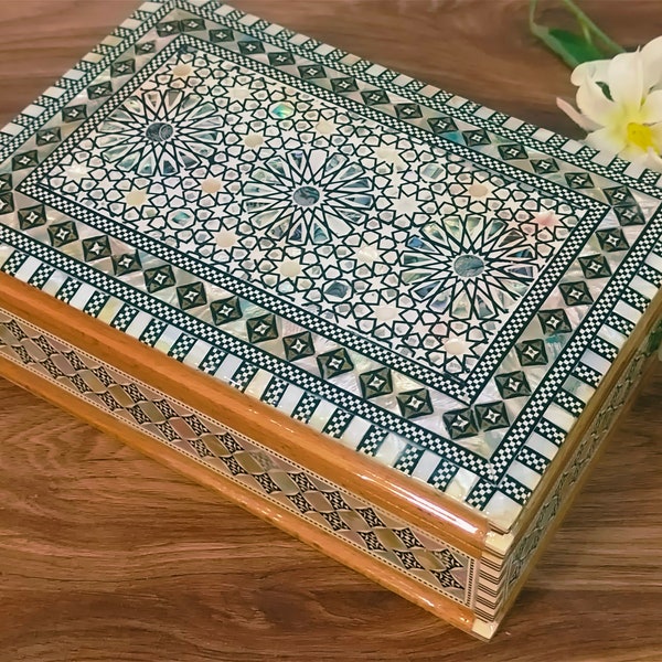 M05 Egyptian Wood Jewelry Box Inlaid mother of Pearl inside Handmade 8.8"