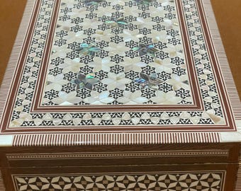 Jewelry box Blue Mother of Pearl inlay , Egyptian handmade 10.5" x 6.5" x 2.7" inch