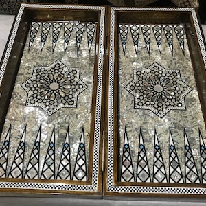 16.8 inch Vintage handmade Backgammon & chess Board Egyptian Wood Inlaid Mother Of Pearl with checkers m07