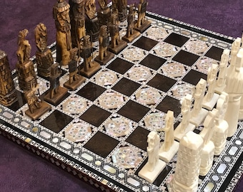 Egyptian Chess,handcraft Pieces Carved Camel Bone with inlaid mother of pearl board