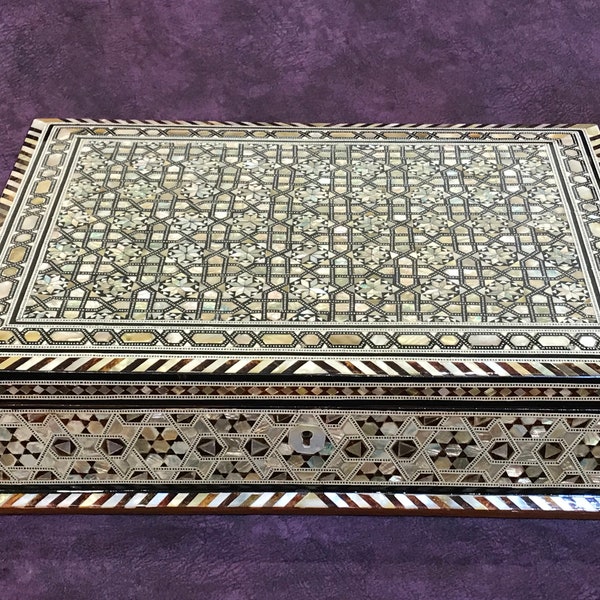 Egyptian Wood Jewelry Box Inlaid Mother of Pearl Handmade 43 cm x 32 cm x 10 cm height