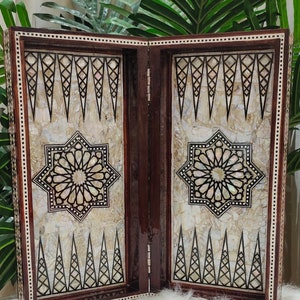 14 inch Vintage handmade Backgammon & chess Board Egyptian Wood Inlaid Mother Of Pearl  with checkers m03