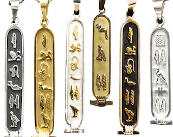Ägyptische Kartusche Anhänger Personalisierte 14K, 18K Gold und Sterling Silber 1-seitige massive Halsketten Übersetzen in Hieroglyphen Handmade in Ägypten