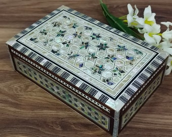 M02 Egyptian Wood Jewelry Box Inlaid mother of Pearl Handmade 8&quot;