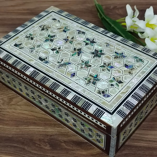 M04 Egyptian Wood Jewelry Box Inlaid mother of Pearl Handmade 8"