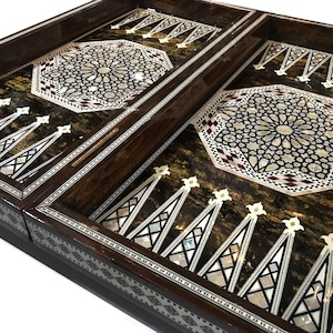 21 inch Vintage Backgammon & chess Board Egyptian Wood Inlaid Mother Of Pearl with bag and checkers m03