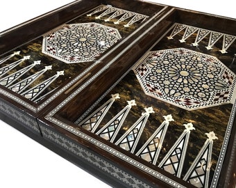 21 inch Vintage Backgammon & chess Board Egyptian Wood Inlaid Mother Of Pearl with bag and checkers m03