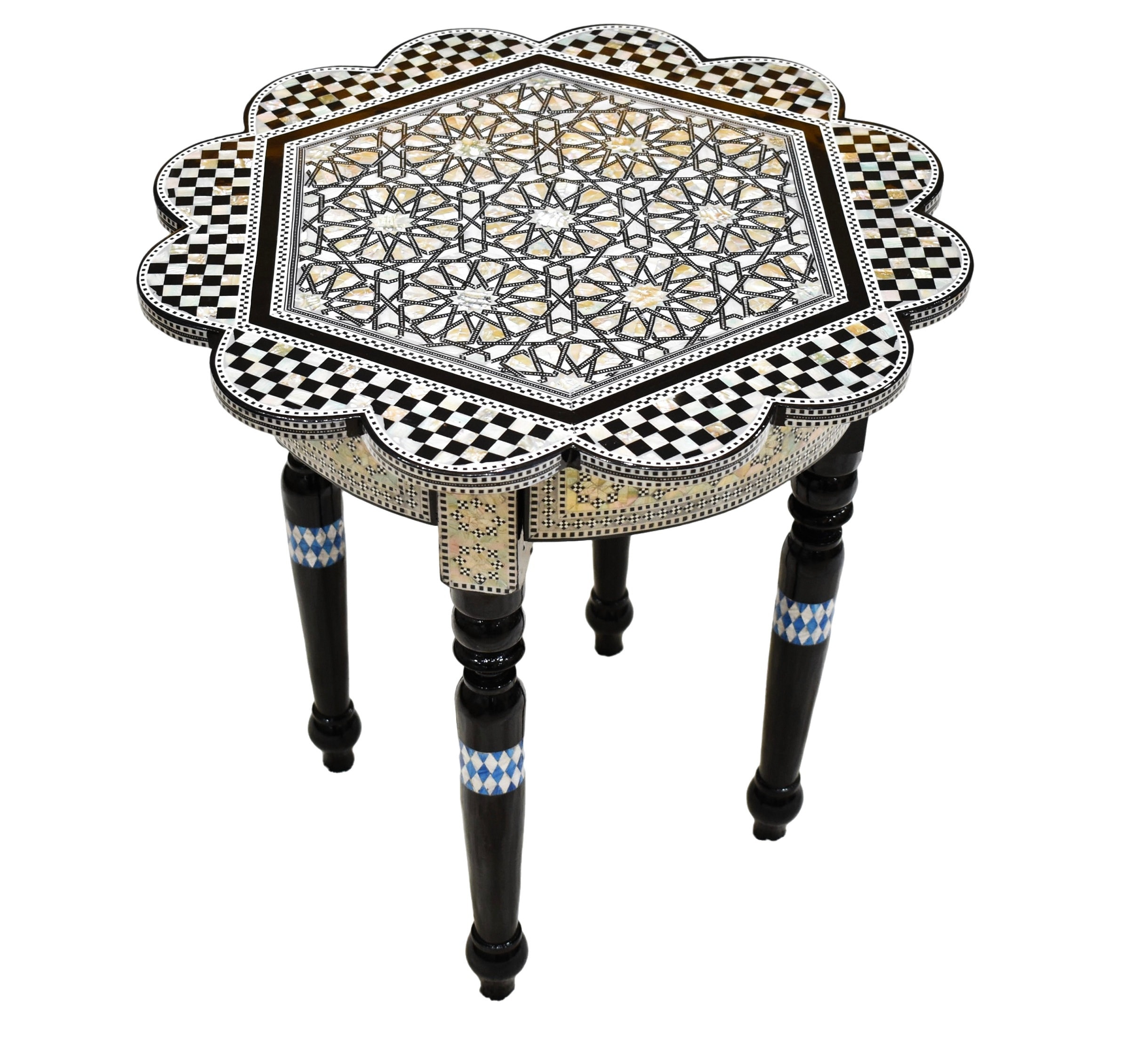 Mother of Pearl Moroccan Side Corner table Wood End Coffee Table for living room Egyptian handmade (Black Flower)