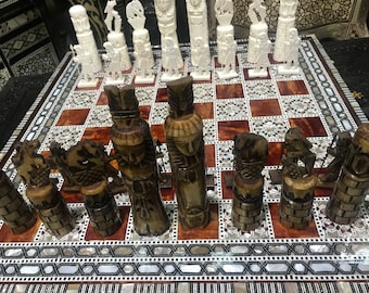 King 5.2 inch Egyptian hand craft Chess Camel Bone with mother of pearl board 20 inch