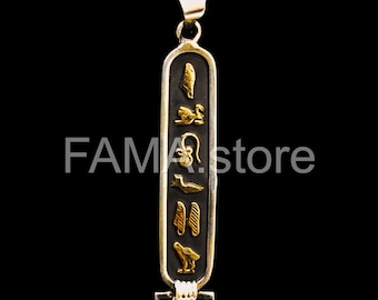 Personalisierte Anhänger Angepasste, altägyptische Halskette Kartusche, OXidized Silver & 18K Gold Symbole, Ihr Name übersetzen in Hieroglyphen