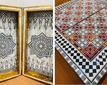 handmade Backgammon & chess Board 16.8&quot;  Egyptian Wood Inlaid Mother Of Pearl with checkers