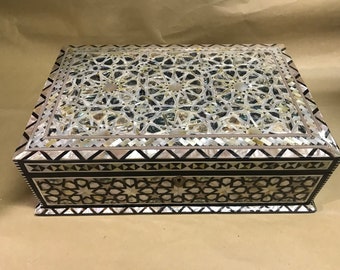 Egyptian Wood Jewelry Box Inlaid Mother of Pearl Handmade 38 x 25 cm x 11 cm height