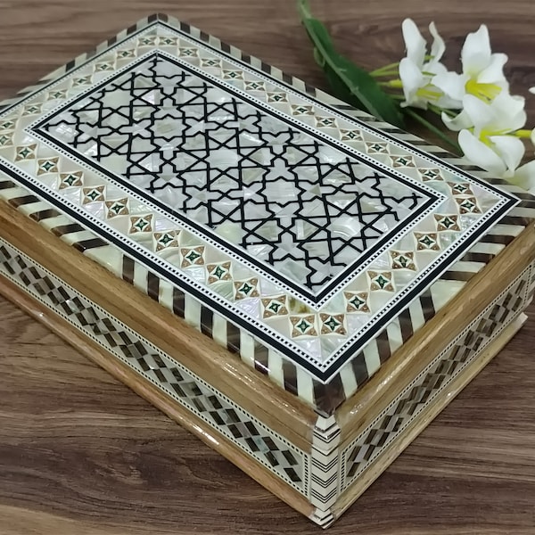 M02 Egyptian Wood Jewelry Box Inlaid mother of Pearl inside Handmade  8"