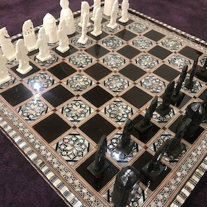 Ägyptisches Schach,Handarbeit Stücke geschnitzt Kamel Knochen mit eingelegter Perlmuttplatte