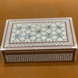 M10 Egyptian Wood Jewelry Box Inlaid mother of Pearl Handmade 8&quot;