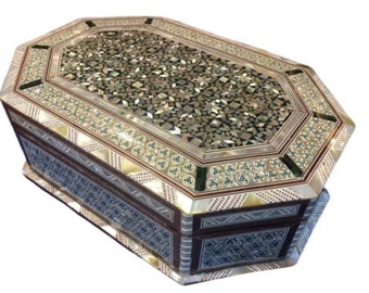 Egyptian Wood Jewelry Box Inlaid Mother of Pearl Handmade 11.8 x 8 X 3.8 inches