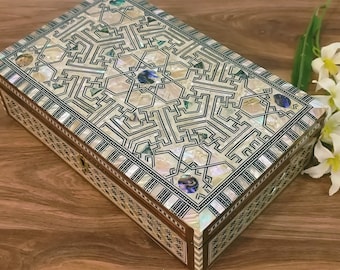 M09 Egyptian Wood Jewelry Box Inlaid Mother of Pearl Handmade 10.6 x 6.6 x 3 inches