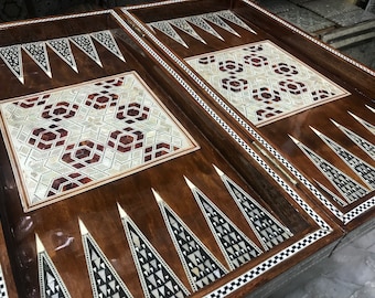 21 inch handmade Backgammon & chess Board Egyptian Wood Inlaid Mother Of Pearl  with bag and checkers m07